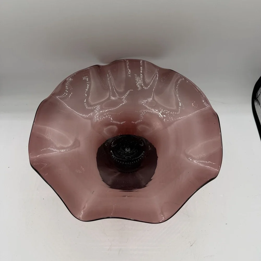 Vintage Handblown Art Glass Amethyst Purple Ruffled Scalloped Edge Compote Dish